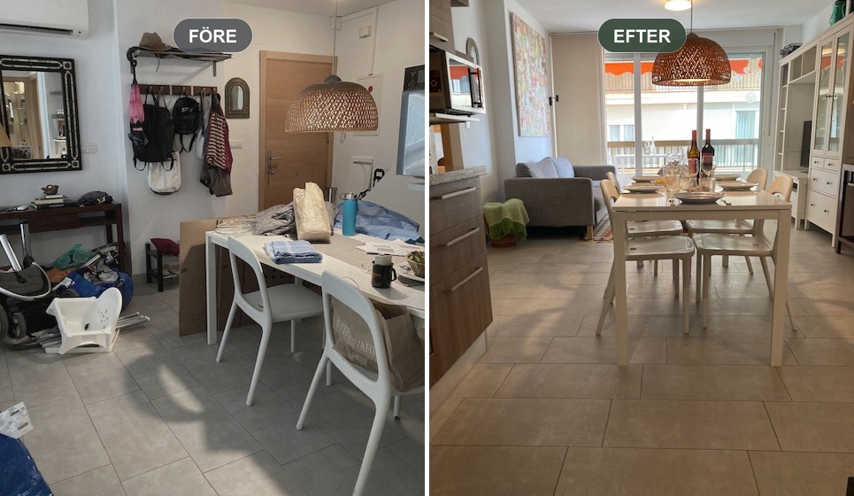 Före och efter försäljningsstyling av matplats i Málaga